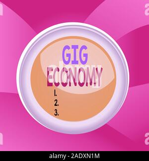 Handwriting text Gig Economy. Conceptual photo free market system in which temporary positions are common Circle button colored sphere switch center b Stock Photo