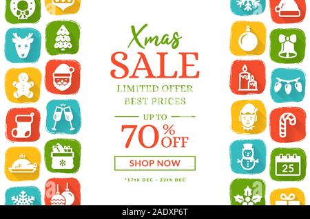 Christmas sale banner with flat icons. Vector background with holiday symbols and place for text. Horizontal template for Xmas and New Year discounts. Stock Vector