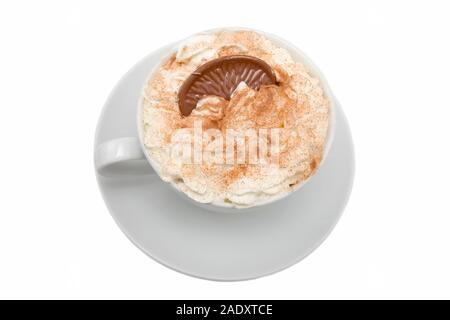 Looking down on a hot chocolate drink with chocolate orange segment on isolated white background Stock Photo