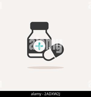 Capsules bottle. Icon with shadow on a beige background. Pharmacy flat vector illustration Stock Vector