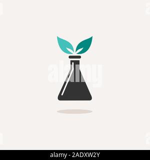 Conical flask with plant. Icon with shadow on a beige background. Chemistry flat vector illustration Stock Vector