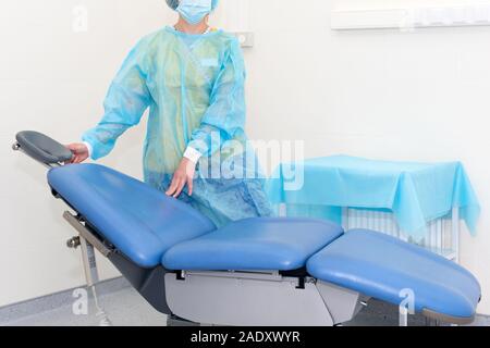 Nurse in the operating room waiting for the patient. Equipment and medical devices in modern operating room. Surgical room modern equipment in the Stock Photo