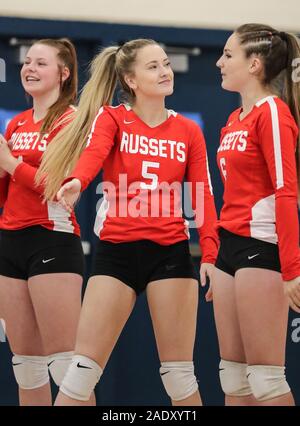 Volleyball action with Kuna vs Shelley High School in Coer d'Alene, Idaho. Stock Photo