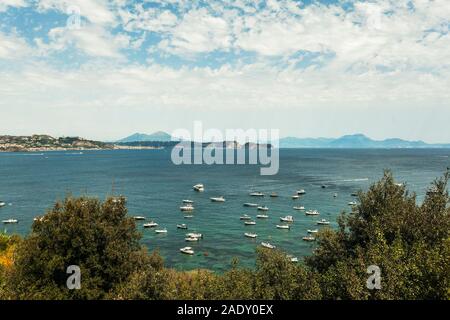 Boats on the Gulf of Pozzuoli, Landscape with Vesuvius on the Background, Naples, Campania, Italy, EU Stock Photo