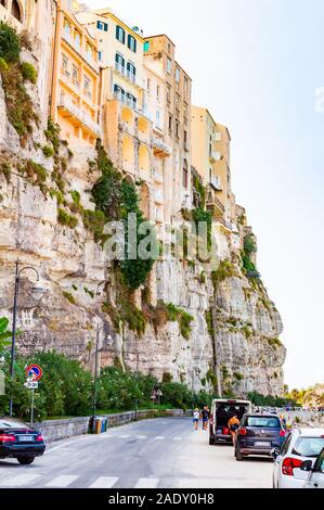 Tropea, Calabria, Italy - September 07, 2019: Famous sea promenade in Tropea with high cliffs with built on top city buildings and apartments. Parking