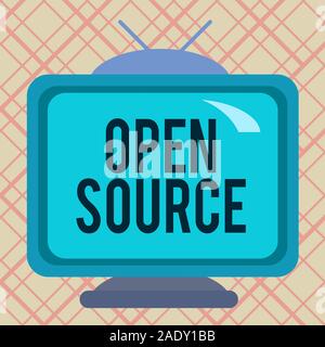 Handwriting text writing Open Source. Conceptual photo denoting software which original source code is made free Square rectangle old multicoloured pa Stock Photo