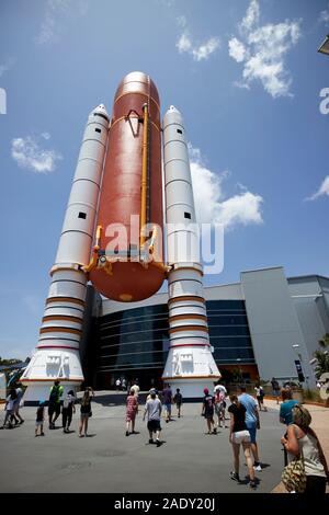 replica space shuttle fuel tank and solid rocket boosters at kennedy space center florida usa