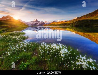 Great view of Mt. Schreckhorn and Wetterhorn above Bachalpsee lake. Dramatic and picturesque scene. Popular tourist attraction. Location place Swiss a Stock Photo