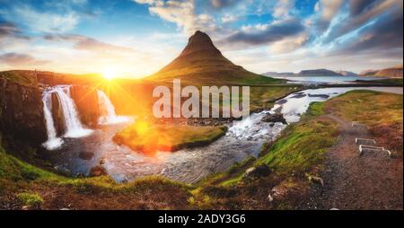 Fantastic evening with Kirkjufell volcano the coast of Snaefellsnes peninsula. Picturesque and gorgeous morning scene. Location famous place Kirkjufel Stock Photo