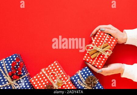Girl holds gift box, red and blue gift boxes in polka dots with christmas tree cone and twigs of hawthorn with acorn and cinnamon on green background Stock Photo