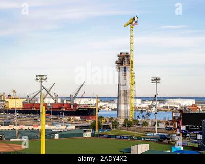 Elevated view of a concrete support column under construction for the New Harbor Bridge project in Corpus Christi, Texas USA. Port Of Corpus Christi. Stock Photo