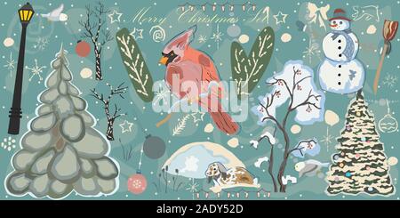 Creative Winter Collection. Set One. Snowman, Spruce Tree, Decorated Tree, trees in snow, Red Bird of Cardinal, Street Lights, snowdrift, bunny in sno Stock Vector