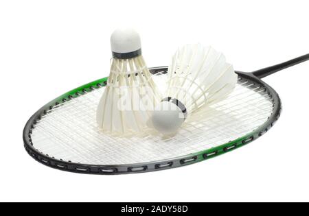 Badminton racquet and two feather shuttlecocks isolated on white Stock Photo