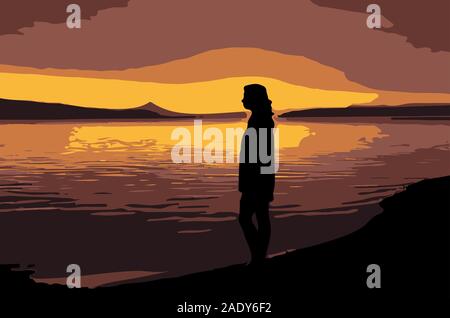 Evening landscape. Silhouette of a girl on the river Bank against the sunset Stock Vector