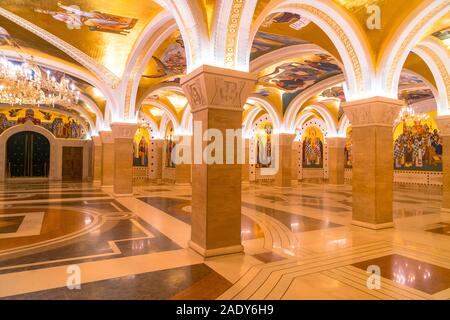 BELGRAD, SERBIA - AUGUST 10, 2019 : Inside view of Saint Sava Cathedral with frescos on wall. This cathedral is one of the biggest Orthodox cathedral Stock Photo