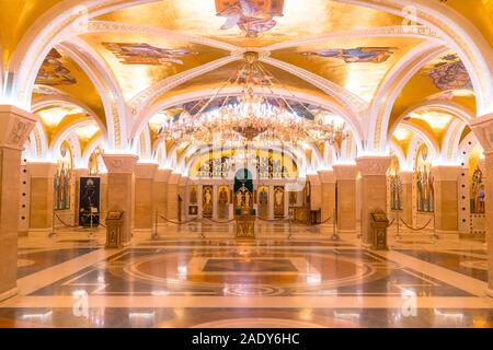 BELGRAD, SERBIA - AUGUST 10, 2019 : Inside view of Saint Sava Cathedral with frescos on wall. This cathedral is one of the biggest Orthodox cathedral Stock Photo