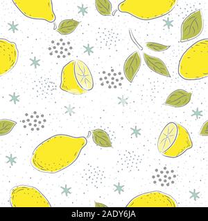 Seamless Pattern with cute lemons. Scandinavian Hand Drawn Style. Vector Illustration Stock Vector