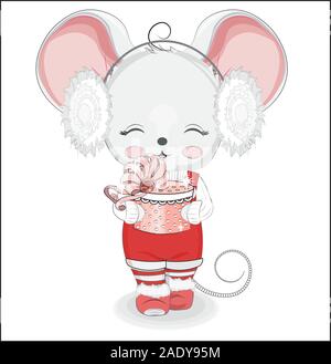 mouse girl, baby rat. symbol 2020 year, with gift, In sweater, shoes, striped tights and headphones. Picture in hand drawing cartoon style, for Christ Stock Vector