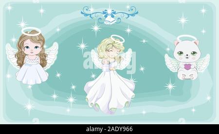 baby little angels set, girls and cat with wungs. Picture in hand drawing style, for Happy birthday. christmas, new year greeting card, postcard. part Stock Vector