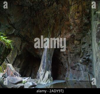 The main chamber of Cathedral Quarry, Little Langdale Cumbria Stock Photo