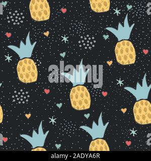 Heart Abstract Seamless Pattern with pineapples. Modern Digital Design. Modern Fashion Scandinavian Style. Contemporary Colors and Design. Stock Vector