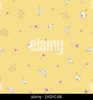 Duck running, doodles, dots and feathers, seamless repeat vector. surface pattern design Stock Vector