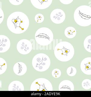 Duck in circles, running, doodles and feathers, seamless repeat vector, surface pattern desing Stock Vector
