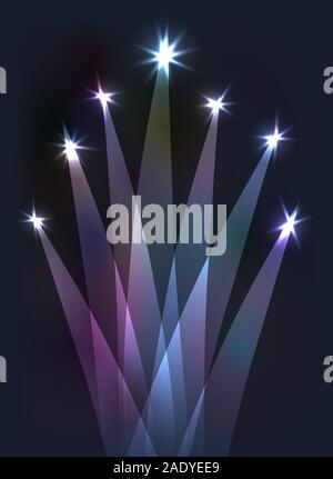 Colorful illuminated fireworks on dark background. Glowing objects. Stock Vector