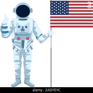 Astronaut standing and holding a Flag of United States of America On Flag Pole, colorful design Stock Vector
