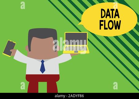 Conceptual hand writing showing Data Flow. Concept meaning the movement of data through a system comprised of software Professional man holding laptop Stock Photo