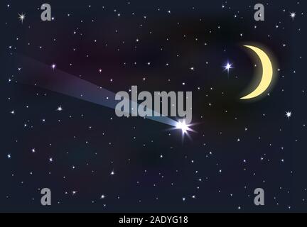 Night sky with moon and stars. Falling star. Stock Vector