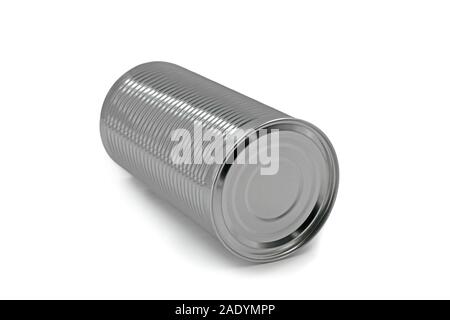 Large Tin Can Side view, lying positon isolated on White Background Stock Photo