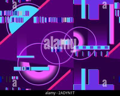 Cyberpunk seamless pattern. Retro futurism of the 80s. Neon round and linear light rays. Glitch, signal error. Background synthwave. Vector illustrati Stock Vector