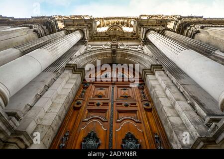 Impressive gothic doors on the Church of St Paul's Shipwreck in the city of Valletta on the Mediterranean island of Malta. Stock Photo