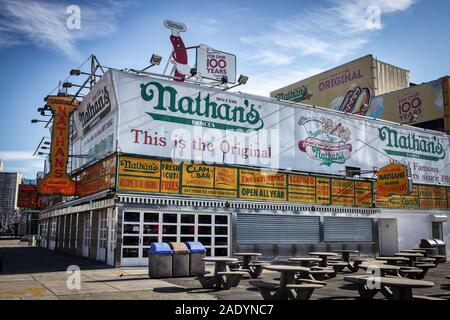 New York City, NY - Novermber 18, 2019: Nathans hot dog famous store located in Coney Island in Brooklyn, NY