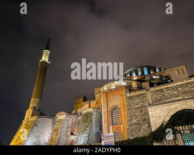 Ayasofya Museum, Hagia Sophia in Sultan Ahmet park in Istanbul, Turkey October 25, 2019 in a beautiful summer night scene and street lights. Ayasofya Stock Photo