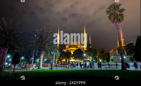 Ayasofya Museum, Hagia Sophia in Sultan Ahmet park in Istanbul, Turkey October 25, 2019 in a beautiful summer night scene and street lights. Ayasofya Stock Photo