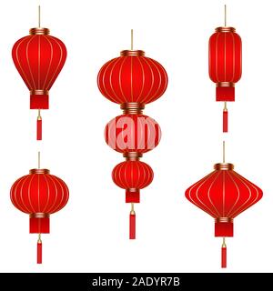 set isolated red chinese lanterns Stock Photo