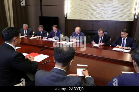 Sochi, Russia. 05 December, 2019. Russian President Vladimir Putin, right, holds an expanded bilateral meeting with Mongolian Prime Minister Ukhnaagiin Khurelsukh at the Residence at Cape Idokopas December 5, 2019 in Sochi, Russia. Credit: Mikhael Klimentyev/Kremlin Pool/Alamy Live News Stock Photo