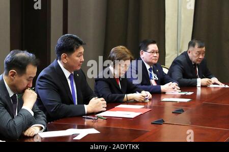 Sochi, Russia. 05 December, 2019. Mongolian Prime Minister Ukhnaagiin Khurelsukh, left, during an expanded bilateral meeting with Russian President Vladimir Putin at the Residence at Cape Idokopas December 5, 2019 in Sochi, Russia. Credit: Mikhael Klimentyev/Kremlin Pool/Alamy Live News Stock Photo