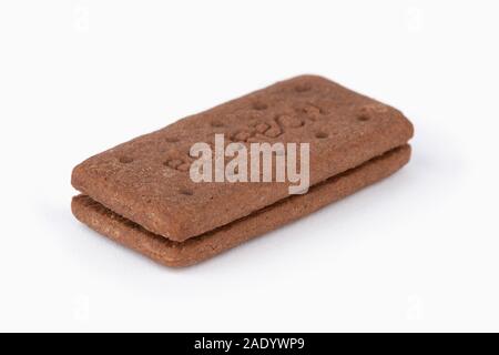 A chocolate Bourbon biscuit shot on a white background. Stock Photo