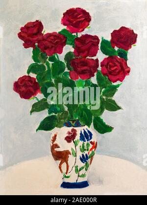 Vintage oil painting of red roses bouquet in a vase. Stock Photo