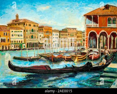 An oil painting Venetian Gondolas, famous boats waiting for tourists on Grand canal in Venice, Italy. Stock Photo