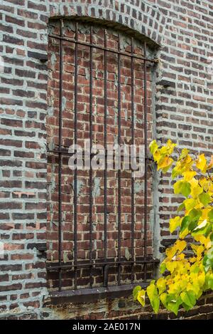 Bricked-up arched window secured with rusted iron bars on an aged brick wall, framed by bright autumn leaves, symbolizing abandonment and decay. Stock Photo