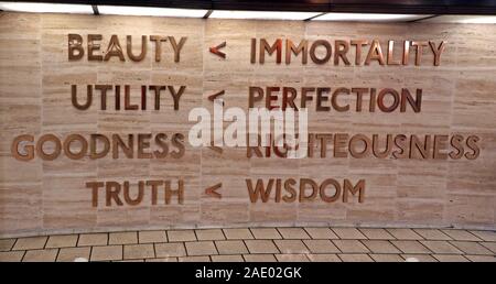 London Piccadilly tube station,Frank Pick,Beauty,Utility,Goodness,Truth,Immortality Perfection Righteousness Wisdom, London,England,UK Stock Photo