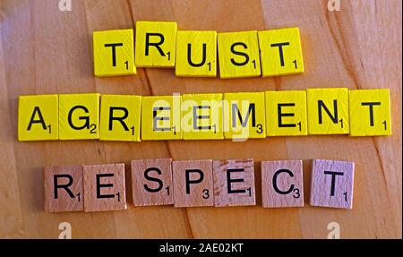 Scrabble letters,word,words,Trust,Agreement,respect Stock Photo