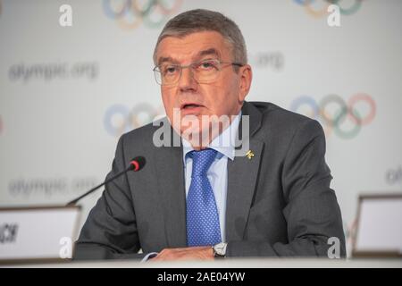 Lausanne, Switzerland. 05th Dec, 2019. The President of the International Olympic Committee (IOC), Thomas Bach, gives a press conference following a meeting of the Executive Council at the IOC headquarters in Lausanne; the Russian problem will be at the heart of future discussions before the decision of the World Anti-Doping Agency (WADA) scheduled for December 9, following a recommendation from an independent committee of WADA is likely to suspend the Russia next Olympics (Photo by Eric Dubost/Pacific Press) Credit: Pacific Press Agency/Alamy Live News Stock Photo