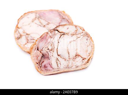Chicken Roll. Slices of Meat Roll isolated on white Background, Top View. Stock Photo