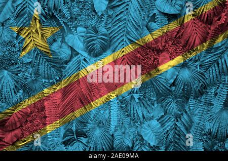 Democratic Republic of the Congo flag depicted on many leafs of monstera palm trees. Trendy fashionable background Stock Photo