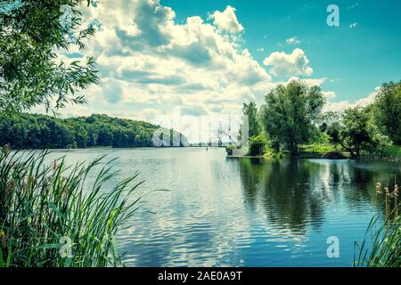 View of a lake with a beautiful reflection on the water. Rural summer landscape Stock Photo